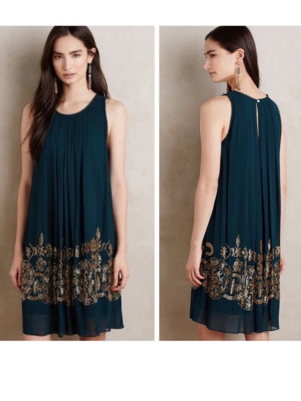 Antropologie “Not so serious “Brenta Swing Dress Breaded Emerald Green Gold Sz 4